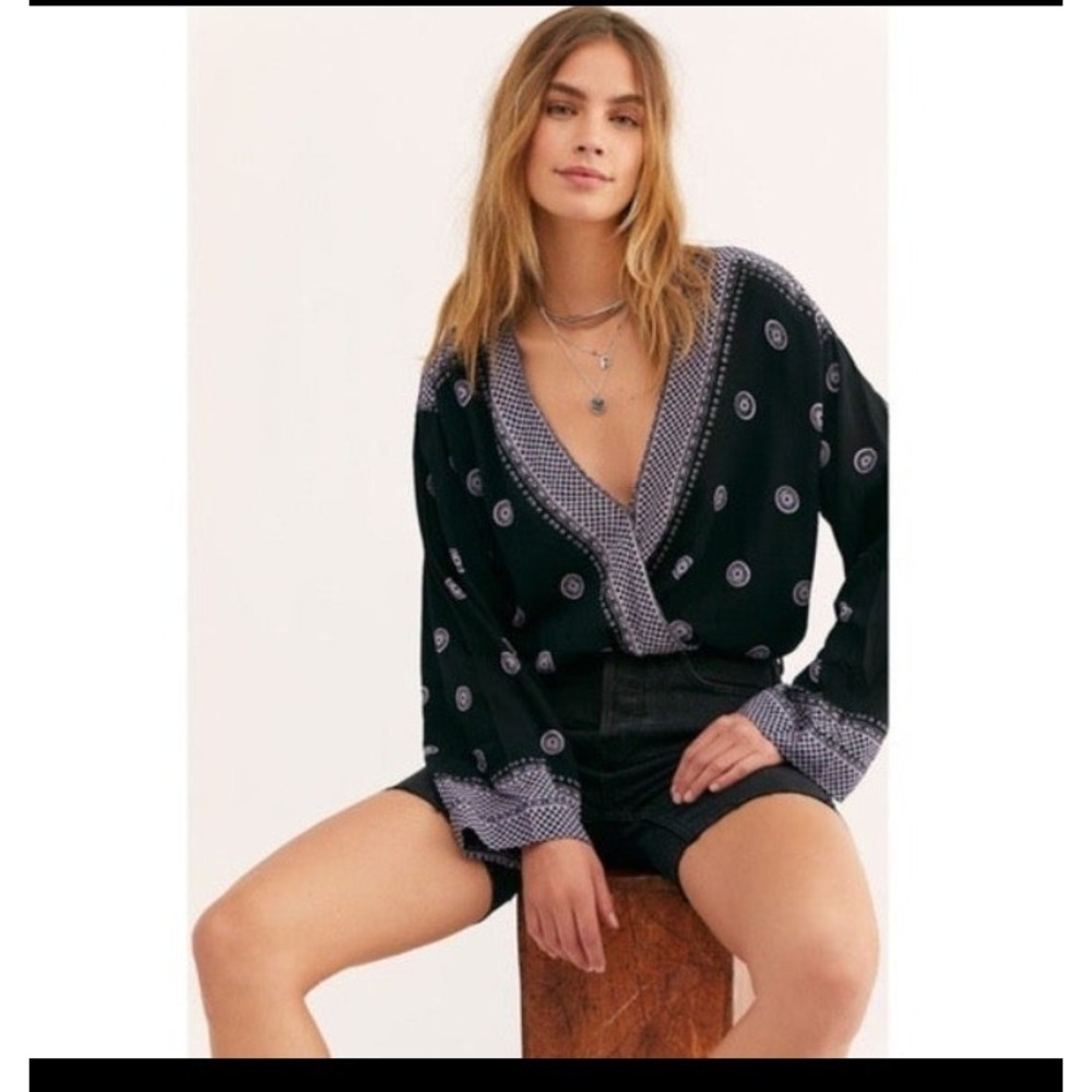 Free People Intimately Medallion Print Lace Bodysuit Black Lavender Open Back L